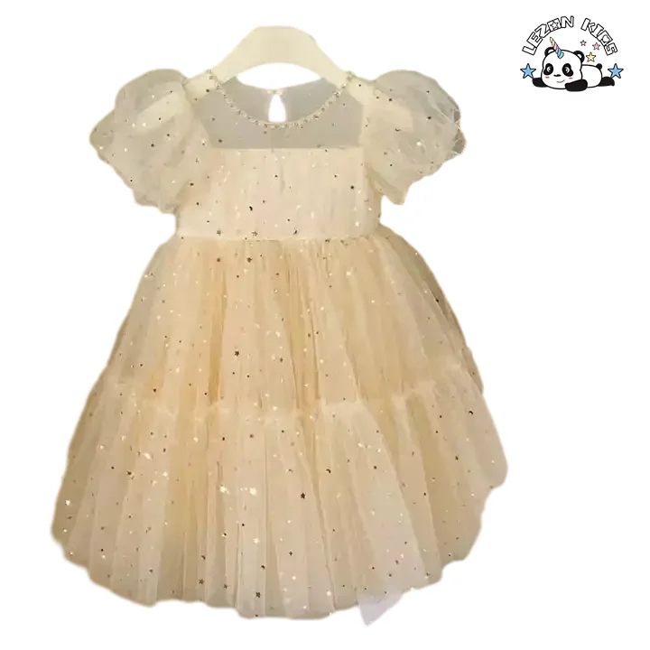 LEZONKIDS - Atacado de Novo Produto vestidos de tule com manga bufante curta e laço grande com impressão de padrão pequeno para meninas crianças